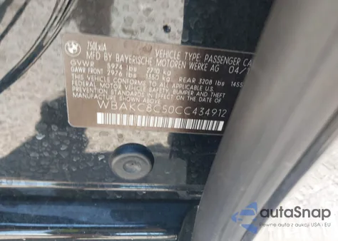 2012 BMW 750Li xDrive z USA, uszkodzony, nr VIN WBAKC8C50CC434912